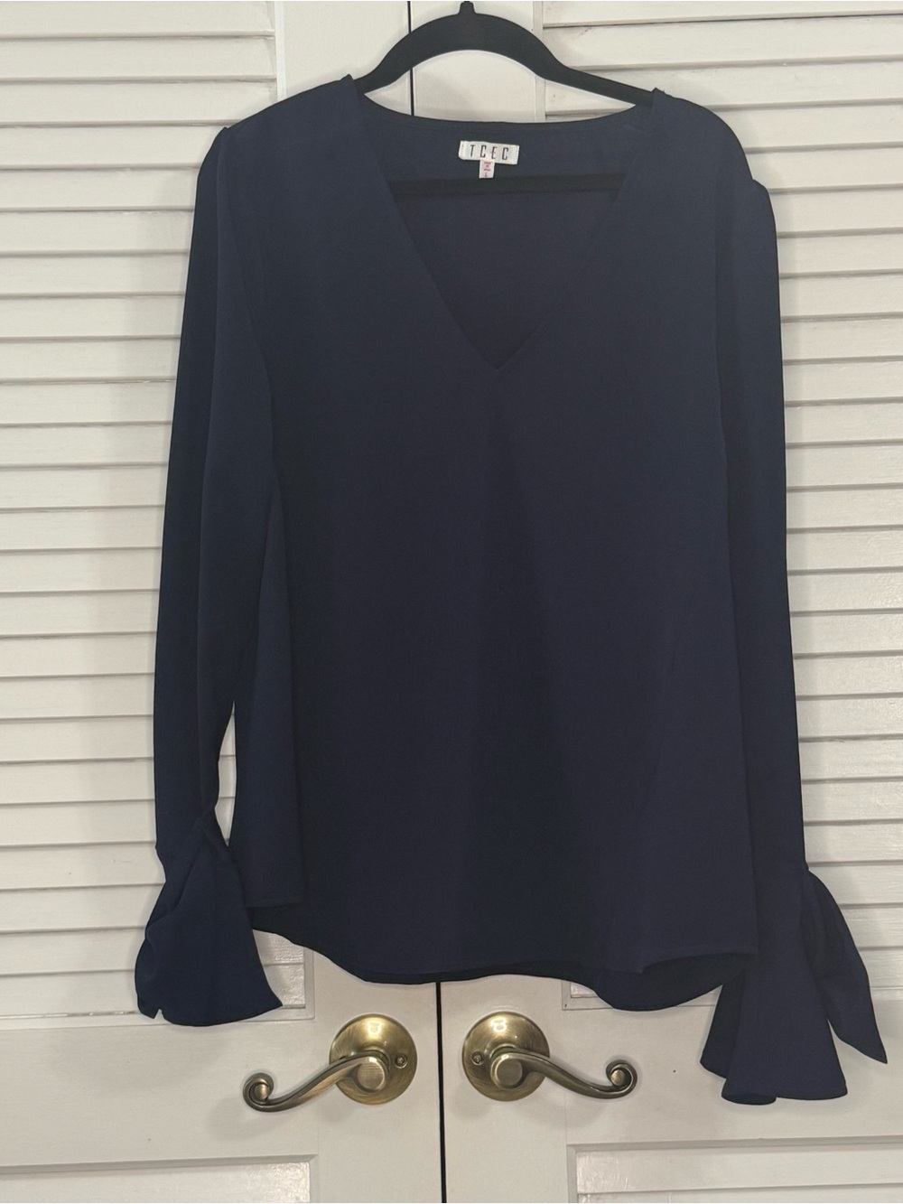 TCEC Navy V-Neck Long-Sleeve Tie Cuff Blouse